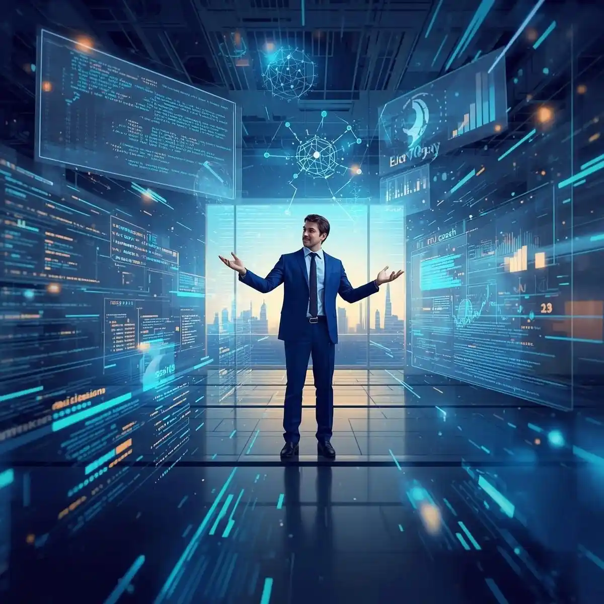 A man in a business suit stands in a futuristic, high-tech room surrounded by floating digital screens displaying code, data charts, and analytics, with glowing network graphics above and a city skyline visible in the background.