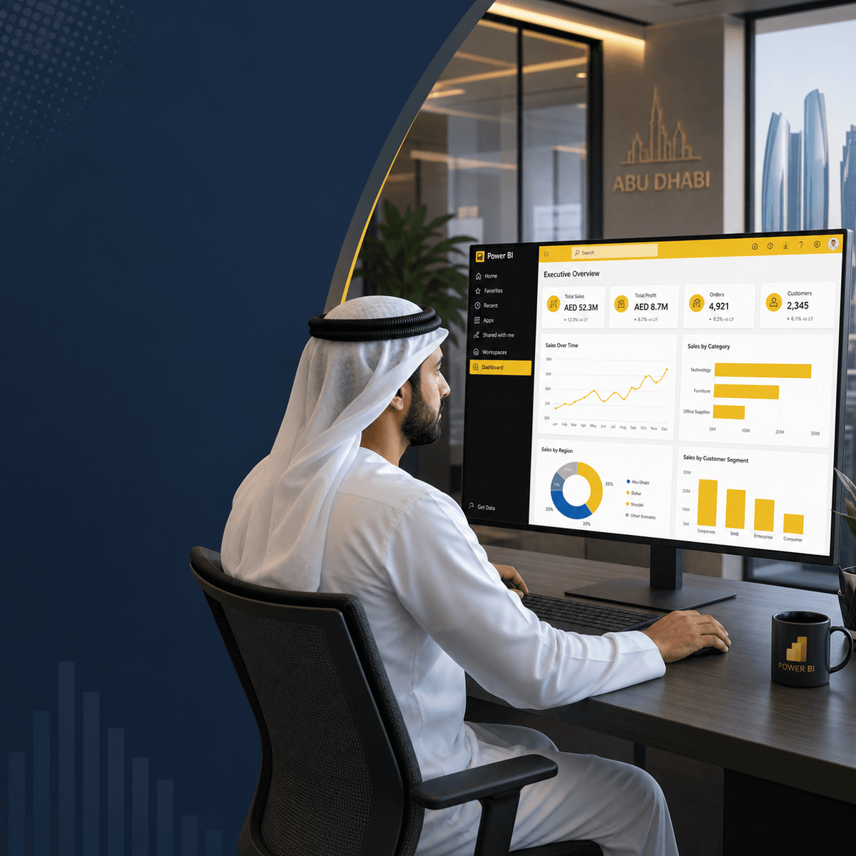 Square course thumbnail illustration showing an Emirati man in traditional white kandura and ghutra seated at a modern desk in a sleek glass-walled Abu Dhabi office, concentrating on a large computer monitor filled with colorful Power BI-style dashboards, including bar charts, line graphs, and KPI cards on a dark interface with yellow accents, with clean empty space on one side designed for a course title overlay.