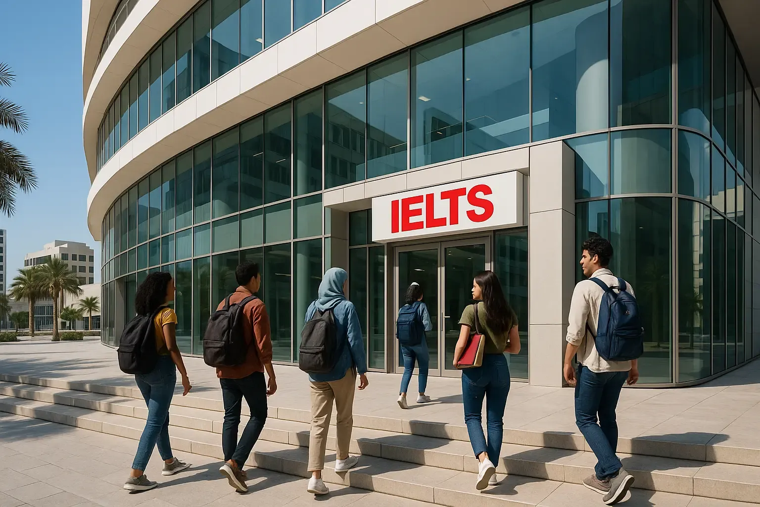 modern IELTS test center in Abu Dhabi with computer stations and students taking exam