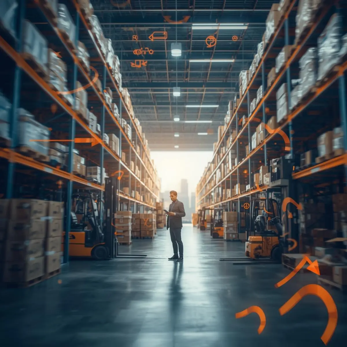 Warehouse supervisor managing inventory in a modern warehouse with shelves, pallets, and forklifts, with subtle Abu Dhabi elements, representing a warehouse management course in Abu Dhabi.
