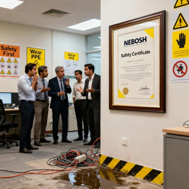 Workplace safety challenge scene in UAE, showing hazards and safety professionals