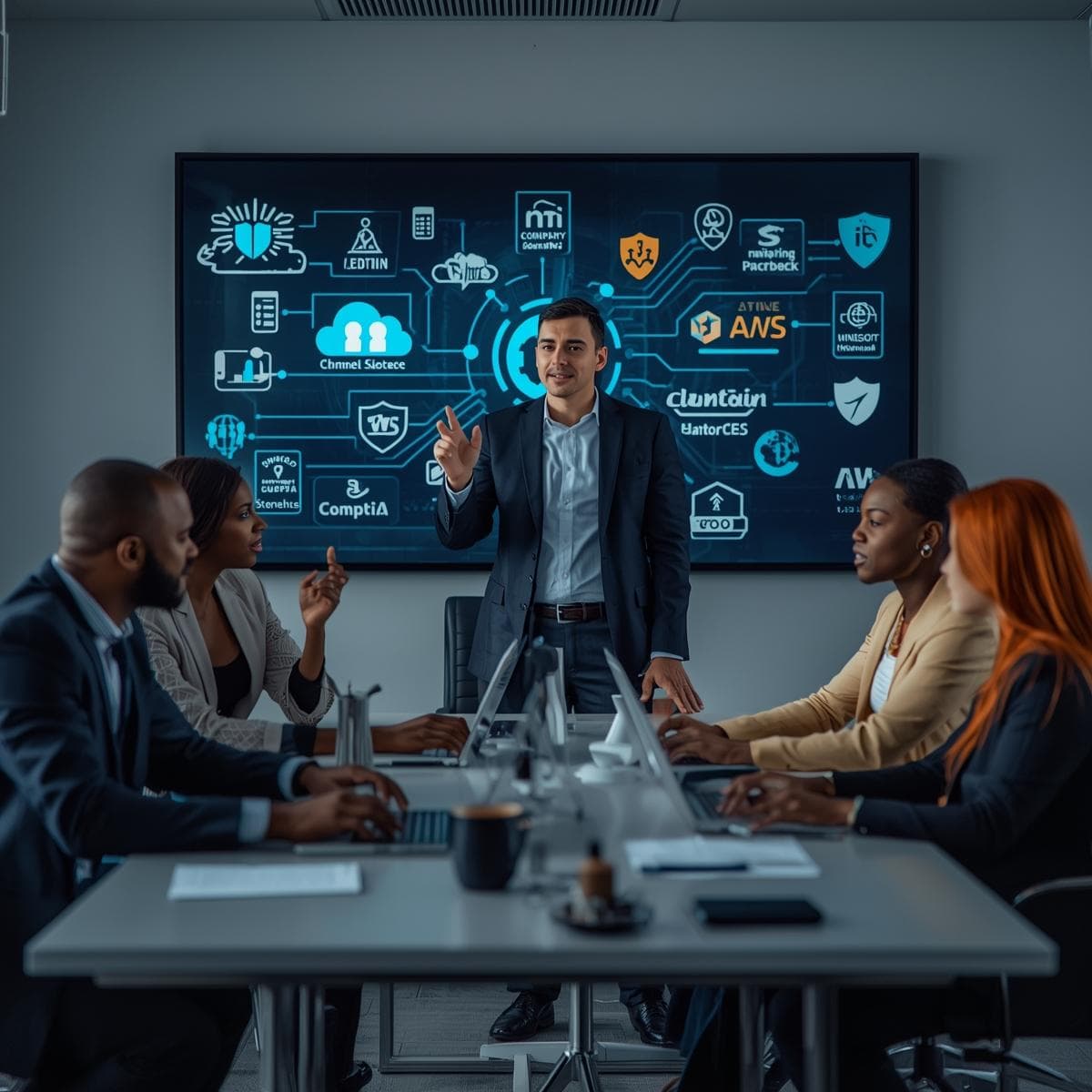 Technology instructor guiding diverse professionals in a modern workspace with digital screens showing cloud computing, cybersecurity, and networking visuals — representing future-ready IT skills and certifications for 2025 and beyond.