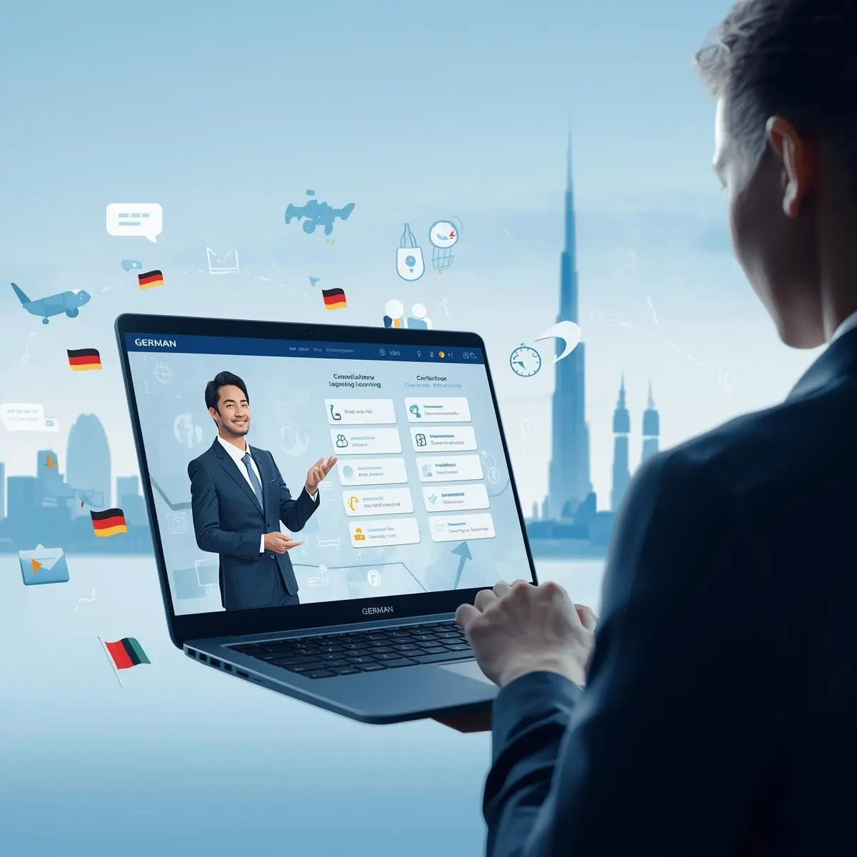Professional elegantly presenting German language learning content on a laptop, with vocabulary, grammar notes, pronunciation icons, certification symbols, and dialogue bubbles on screen. The background shows a subtle Dubai skyline and minimalist architectural silhouettes, conveying global communication, career growth, and language mastery in a polished, professional learning environment.