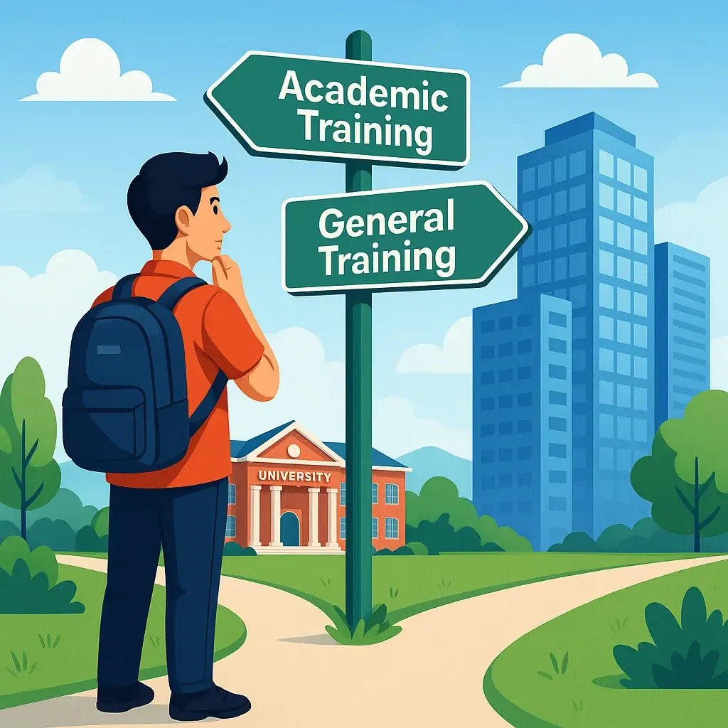 Student at crossroads choosing between IELTS Academic Training and General Training pathways with university and office building signboards