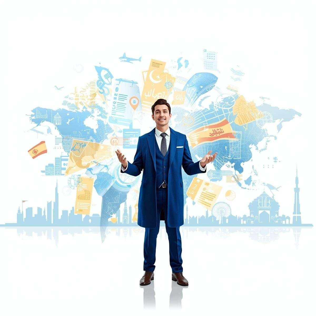 Professional male language instructor in a blue pen coat standing confidently against a light blue to white background with subtle educational and cultural icons representing global language learning and a faint Dubai skyline silhouette.