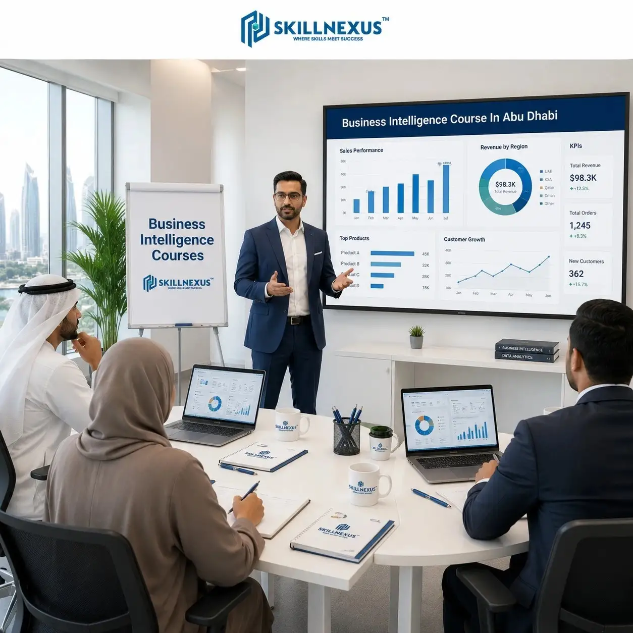Professional Business Intelligence training session in Abu Dhabi featuring a male instructor presenting analytics dashboards on a large digital screen to a group of professionals seated around a meeting table with laptops, notebooks, and Skill Nexus branding in a modern corporate classroom environment.