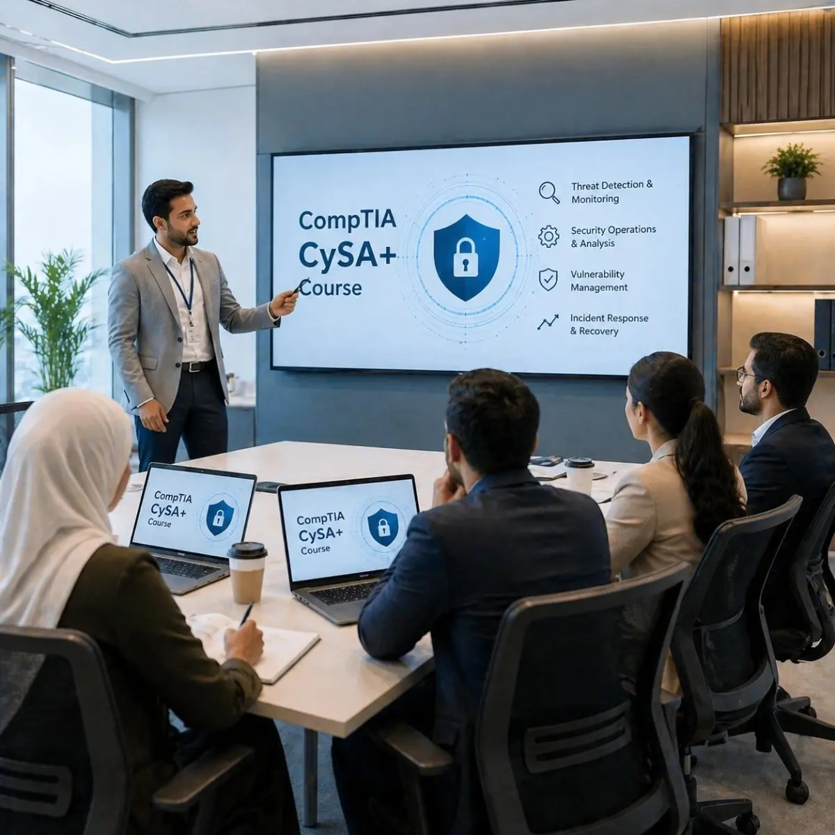 Instructor presenting a CompTIA CySA+ cybersecurity course to a group of professionals in a modern office, with a screen showing threat detection, security operations, vulnerability management, and incident response topics.