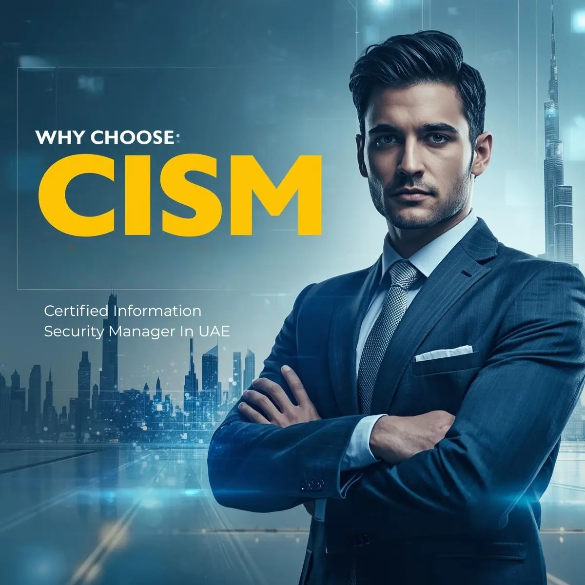 Professional CISM Certified Information Security Manager concept image featuring a cybersecurity expert with a Dubai skyline background, UAE-inspired design elements, and blue, yellow, and white tech colors representing information security leadership in the UAE.