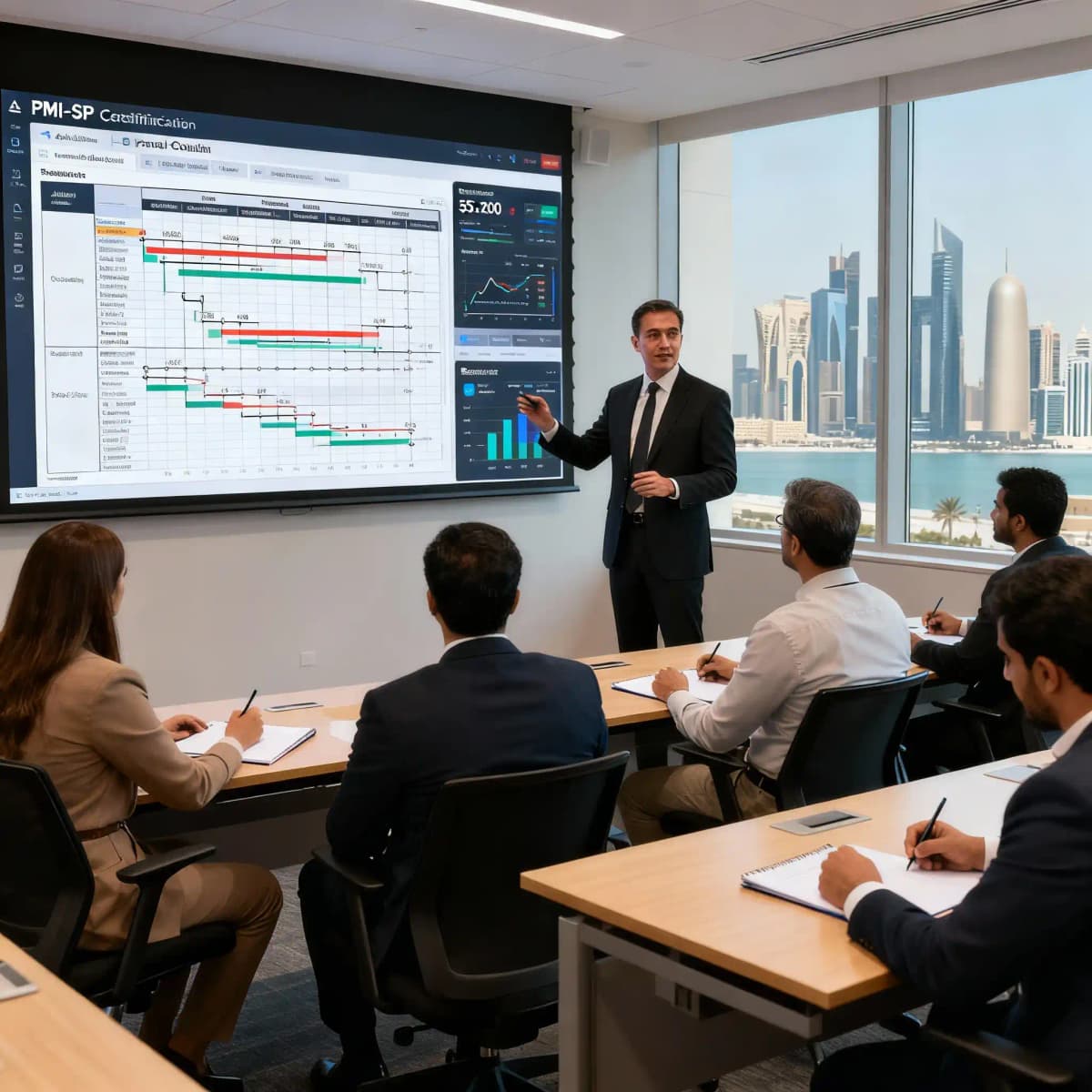 PMI-SP instructor teaching project scheduling to professionals in Abu Dhabi corporate classroom, displaying Gantt charts and resource allocation dashboards on screen with cityscape background