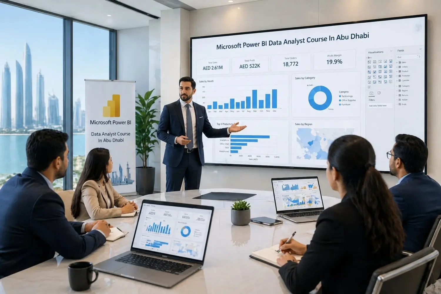 A business professional presents a Microsoft Power BI data analyst course in Abu Dhabi to a group in a modern office, displaying dashboards and charts on a large screen while attendees review data on laptops.