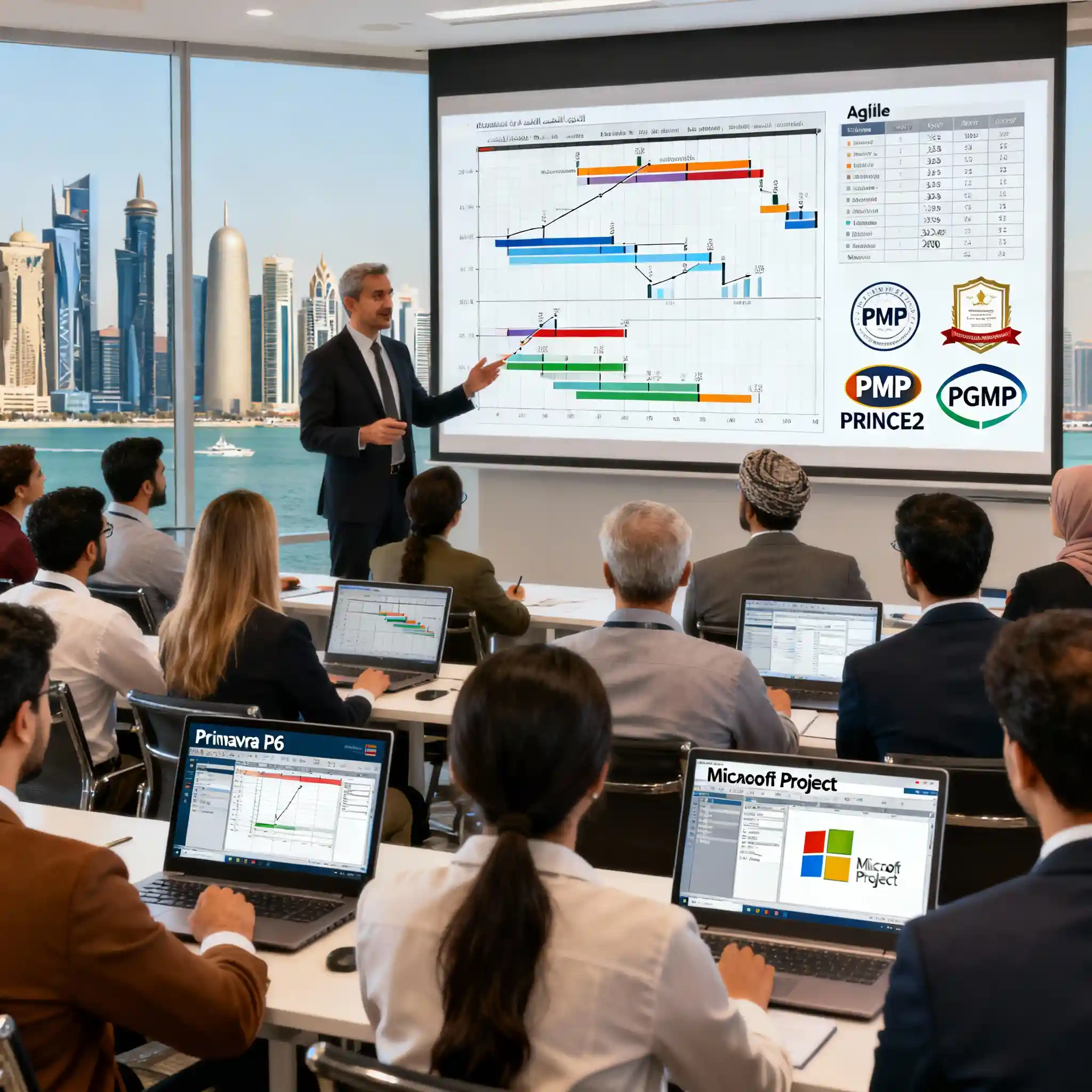 Instructor teaching diverse professionals comprehensive project management in Abu Dhabi classroom, screen displays PMP, PRINCE2, PgMP certification icons with Gantt charts and Agile boards, cityscape background