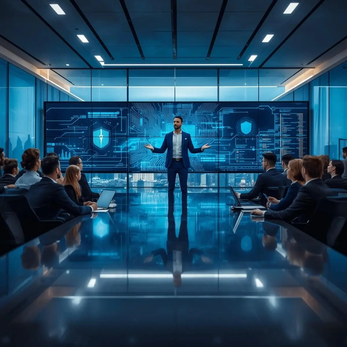 Confident trainer leading CISSP-style cybersecurity session in corporate office Business professionals attending training, taking notes and using laptops Modern workspace with glass walls and digital network-themed visuals