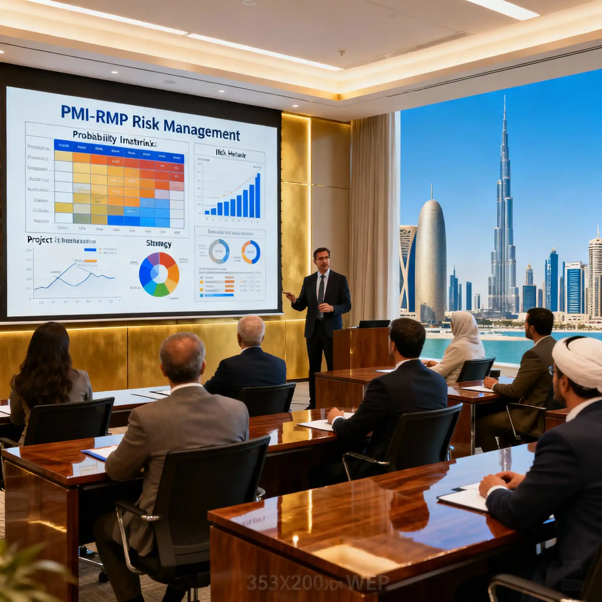 PMI-RMP instructor teaching risk management to Abu Dhabi executives in corporate classroom, displaying probability-impact matrices and heat maps on large screen with city skyline background