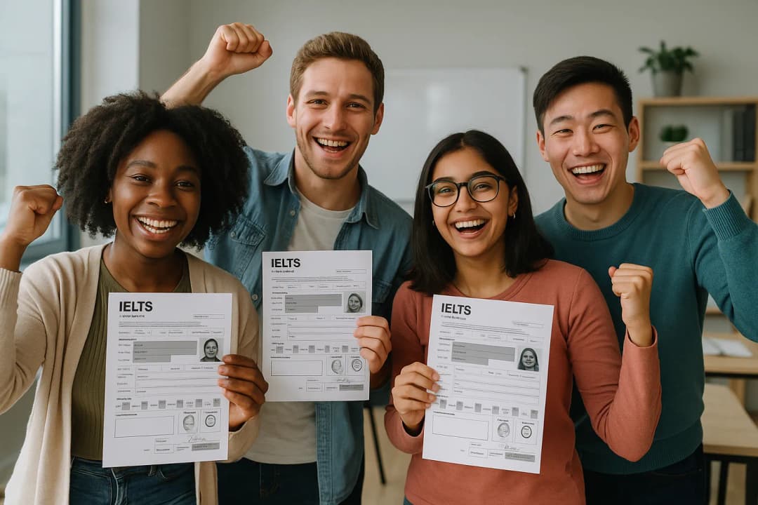 A diverse group of male and female students from various nationalities stand together in a bright, modern classroom, smiling broadly and celebrating while holding their IELTS test result papers, conveying a sense of joy, achievement, and multicultural success.