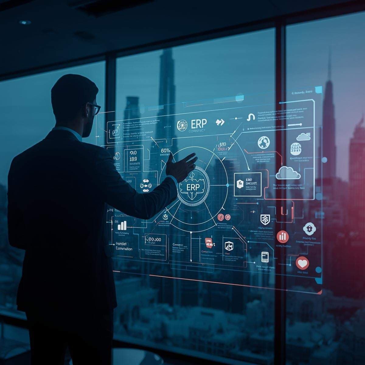 Professional business executive using an Enterprise Resource Planning ERP system dashboard integrating finance, HR, inventory, and supply chain in a Dubai and Abu Dhabi corporate setting