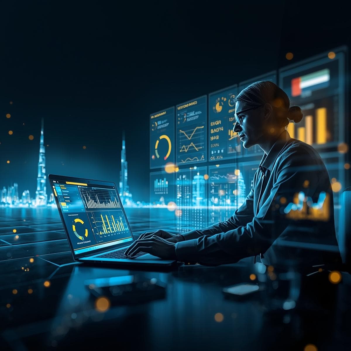 Interactive Power BI dashboard on a digital screen, with glowing charts and graphs, featuring a professional analyzing business intelligence data, set against a futuristic Dubai skyline backdrop.