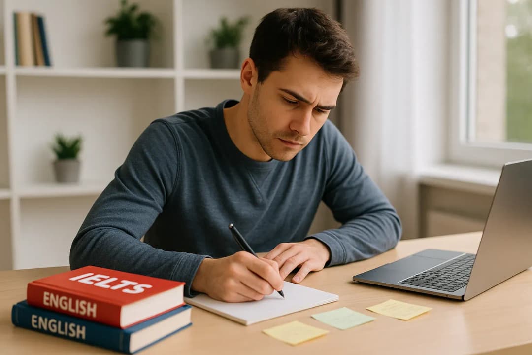 Focused student preparing for IELTS exam, sitting at desk with laptop, books, and notes, writing in notebook under natural daylight in a modern study room.