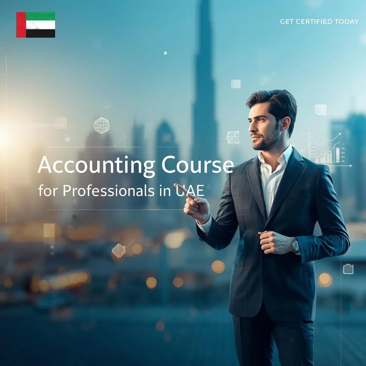 Professional accounting trainer presenting an accounting course for professionals in UAE with Dubai skyline, futuristic city silhouettes, and UAE flag colors in the background, emphasizing certification and career growth