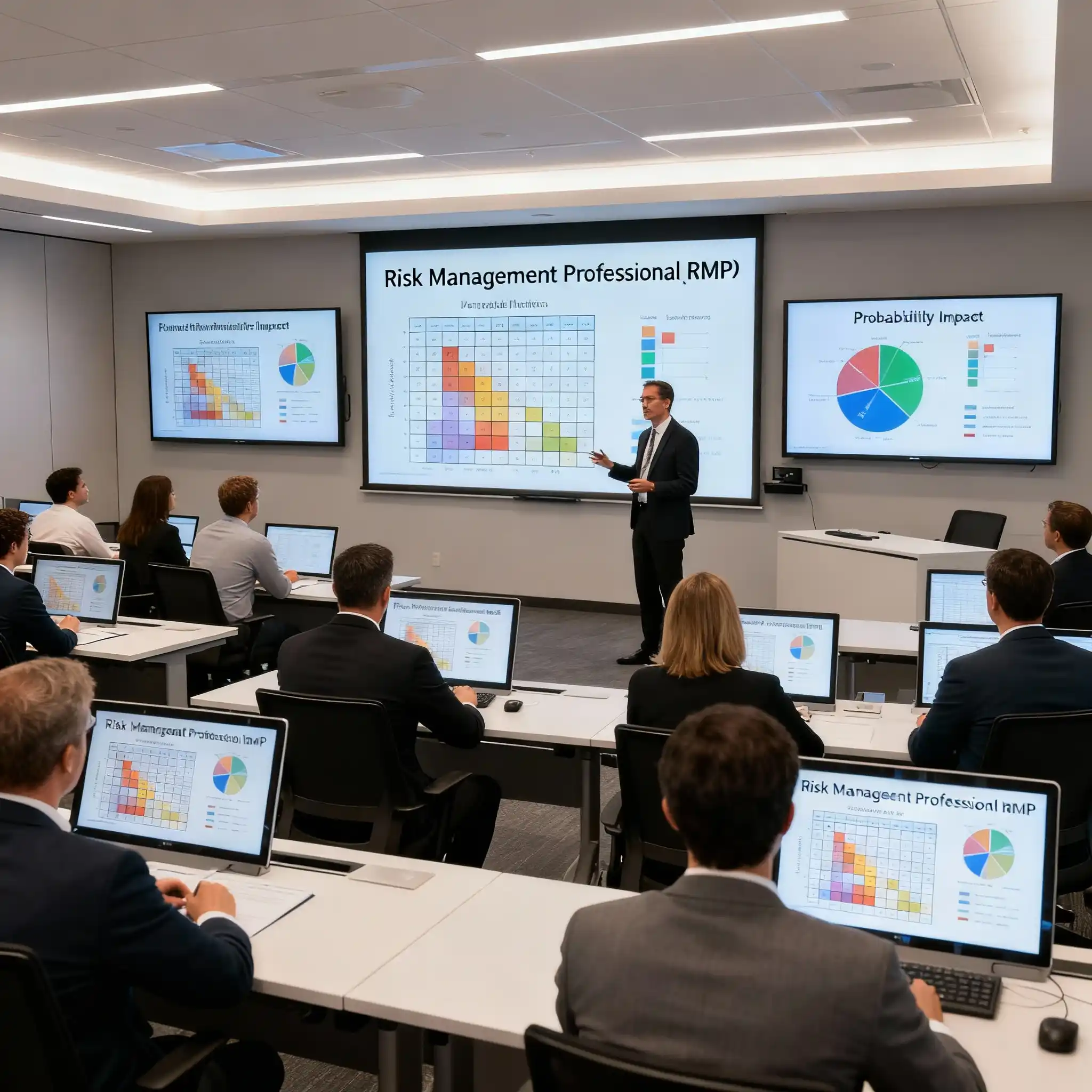 Corporate instructor teaching RMP risk management concepts to business professionals, displaying risk matrices and probability-impact charts on presentation screen in modern classroom