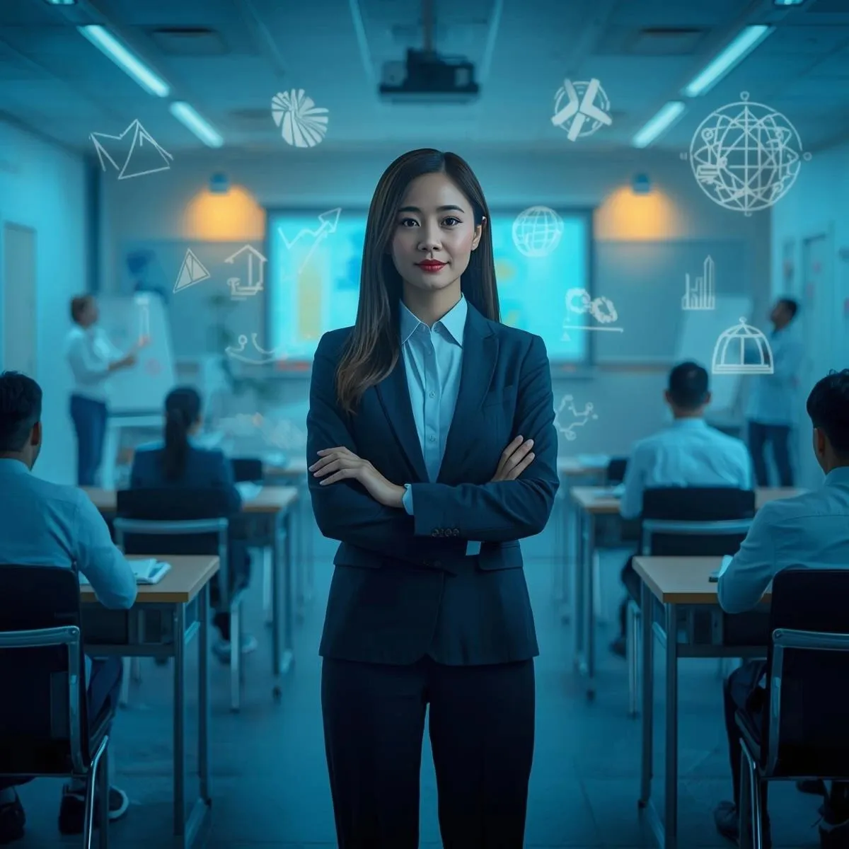 Confident female instructor in professional attire presenting in a modern, zoomed-out classroom with desks, chairs, and whiteboards, featuring academic visuals like charts, books, and diagrams, with subtle UAE skyline and flag color accents, without any text.