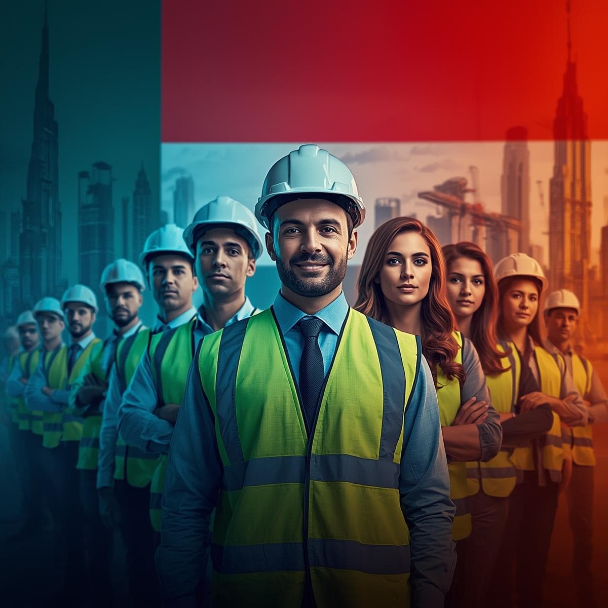 Diverse group of workers in safety helmets, reflective vests, and office attire with Dubai skyline and UAE flag colors in the background, representing health and safety training in UAE workplaces.