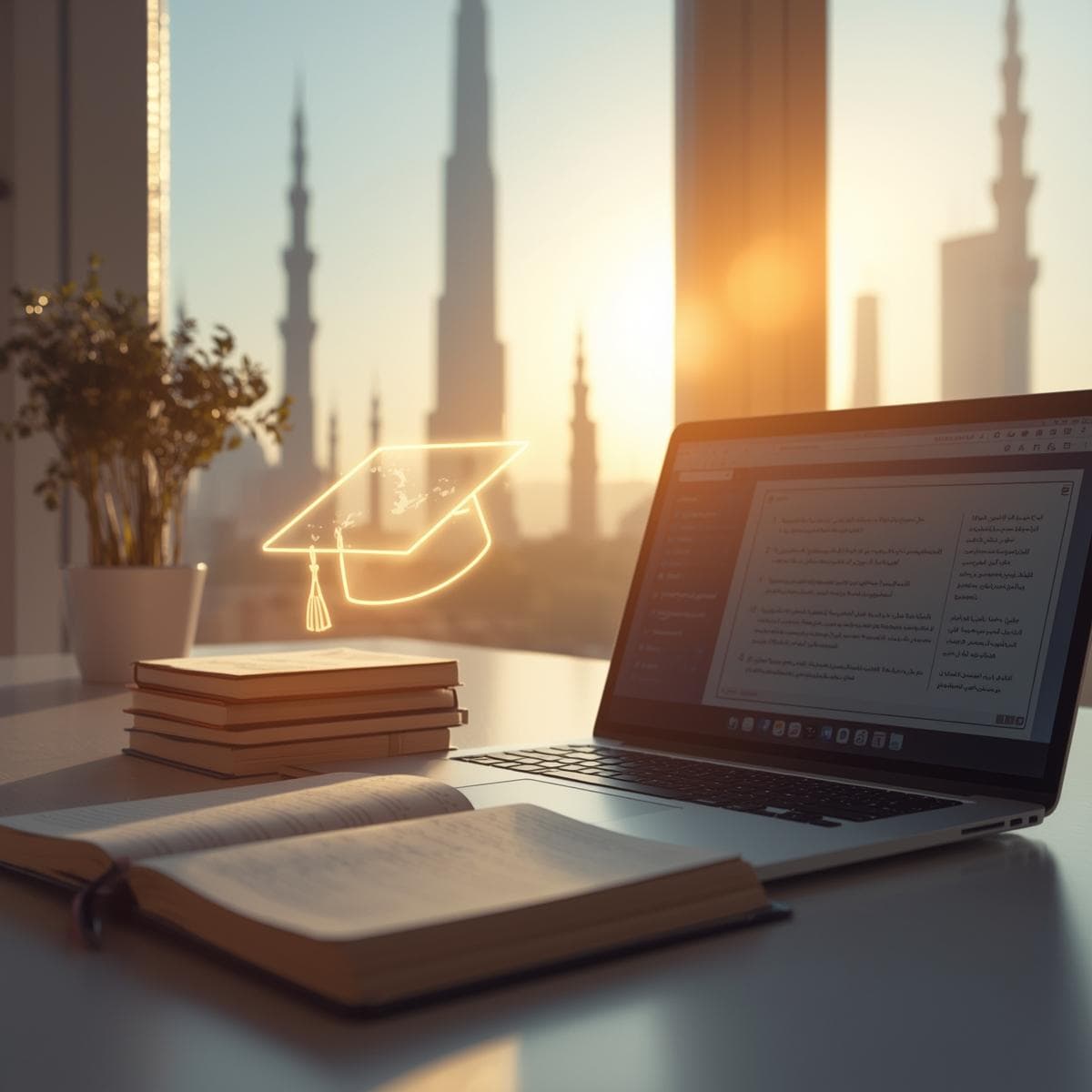 Modern study desk with laptop showing GED practice test, open books, and a glowing graduation cap icon, symbolizing exam success. UAE landmarks like Burj Khalifa and Sheikh Zayed Grand Mosque softly visible in the background, representing opportunities for learners in the UAE.
