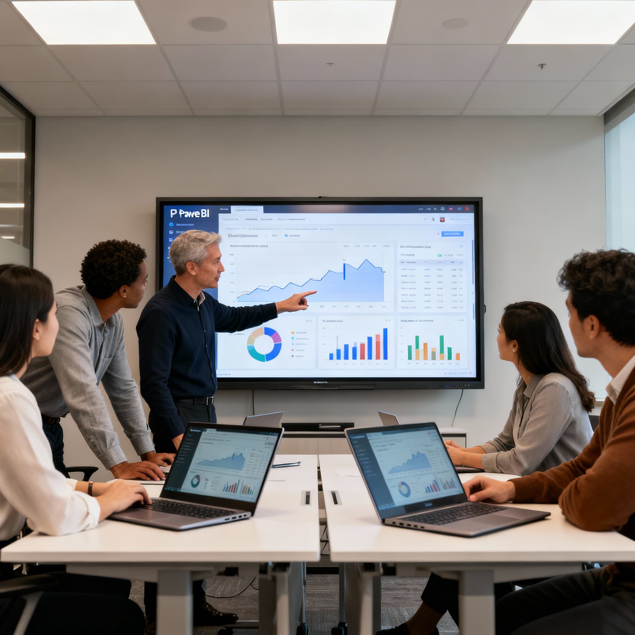 A business analyst working on a laptop displaying Power BI dashboards with charts and KPIs in a modern office training environment, while a diverse group of male and female professionals in business attire collaborate around a large wall-mounted screen showing data visualization charts including bar graphs and trend reports, with team members pointing at and discussing the data insights