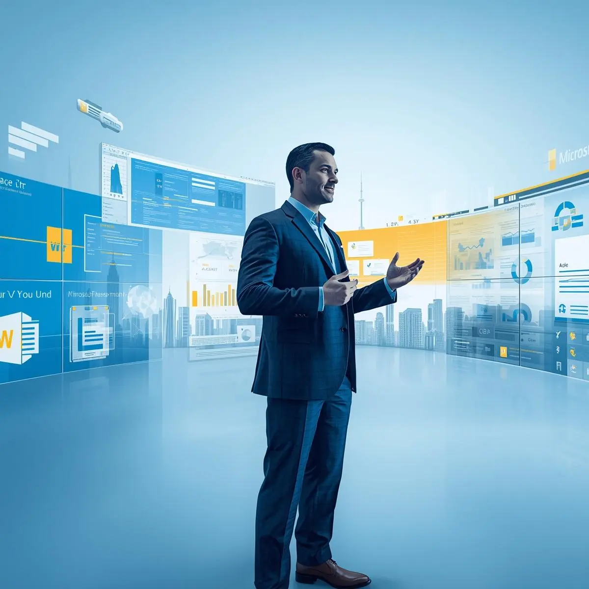 Zoomed-in professional male trainer presenting Microsoft Office apps including Word, Excel, PowerPoint, Outlook, and Teams in a modern blue corporate training environment.