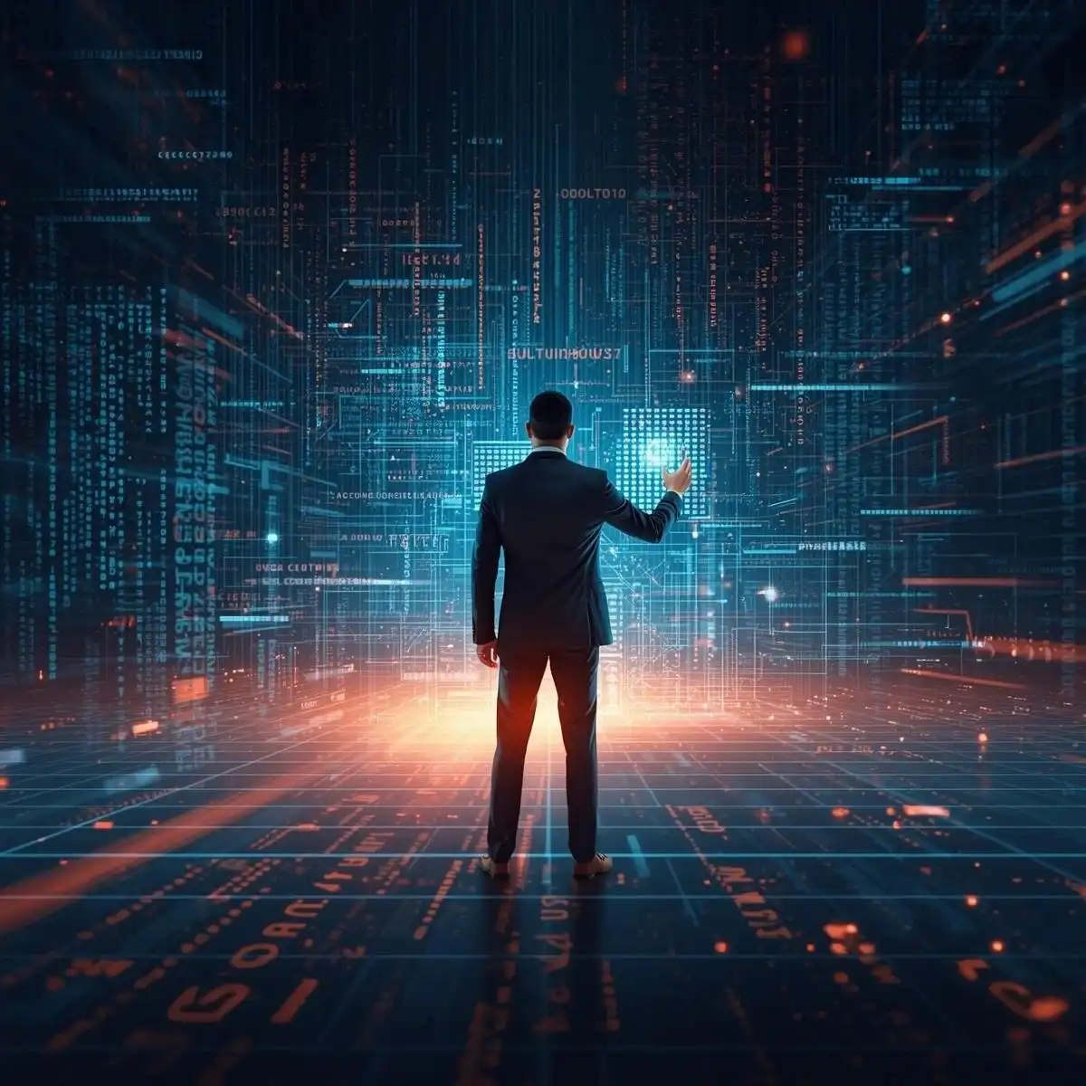 A professional standing in a futuristic digital environment, interacting with data-driven interfaces and advanced technology visuals, symbolizing innovation, data intelligence, and modern digital transformation.