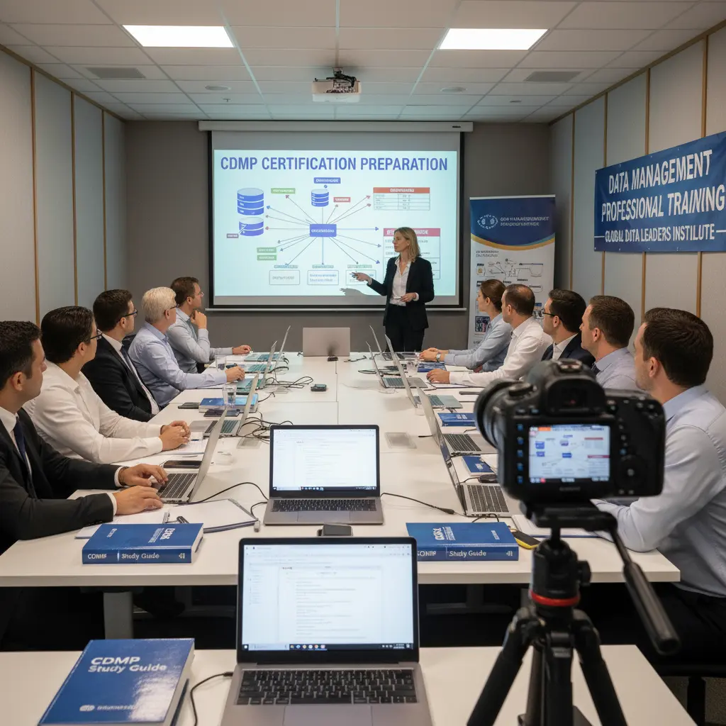 Professional instructor presenting data management concepts on a large digital screen to a diverse group of business professionals seated at tables with laptops and notebooks in a modern training classroom, focused on CDMP certification preparation and career development in data management.