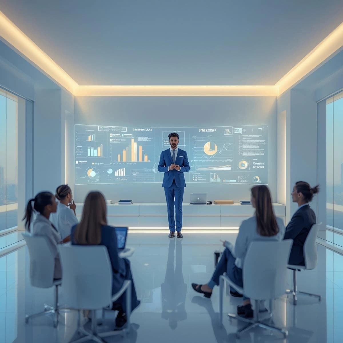 A modern corporate training session featuring a professional instructor presenting advanced project management dashboards to a group of engaged participants in a bright, minimal office environment. Futuristic digital screens display charts, KPIs, and analytics, creating a premium learning atmosphere for PMP- Project Management Professional Course In Abu Dhabi.